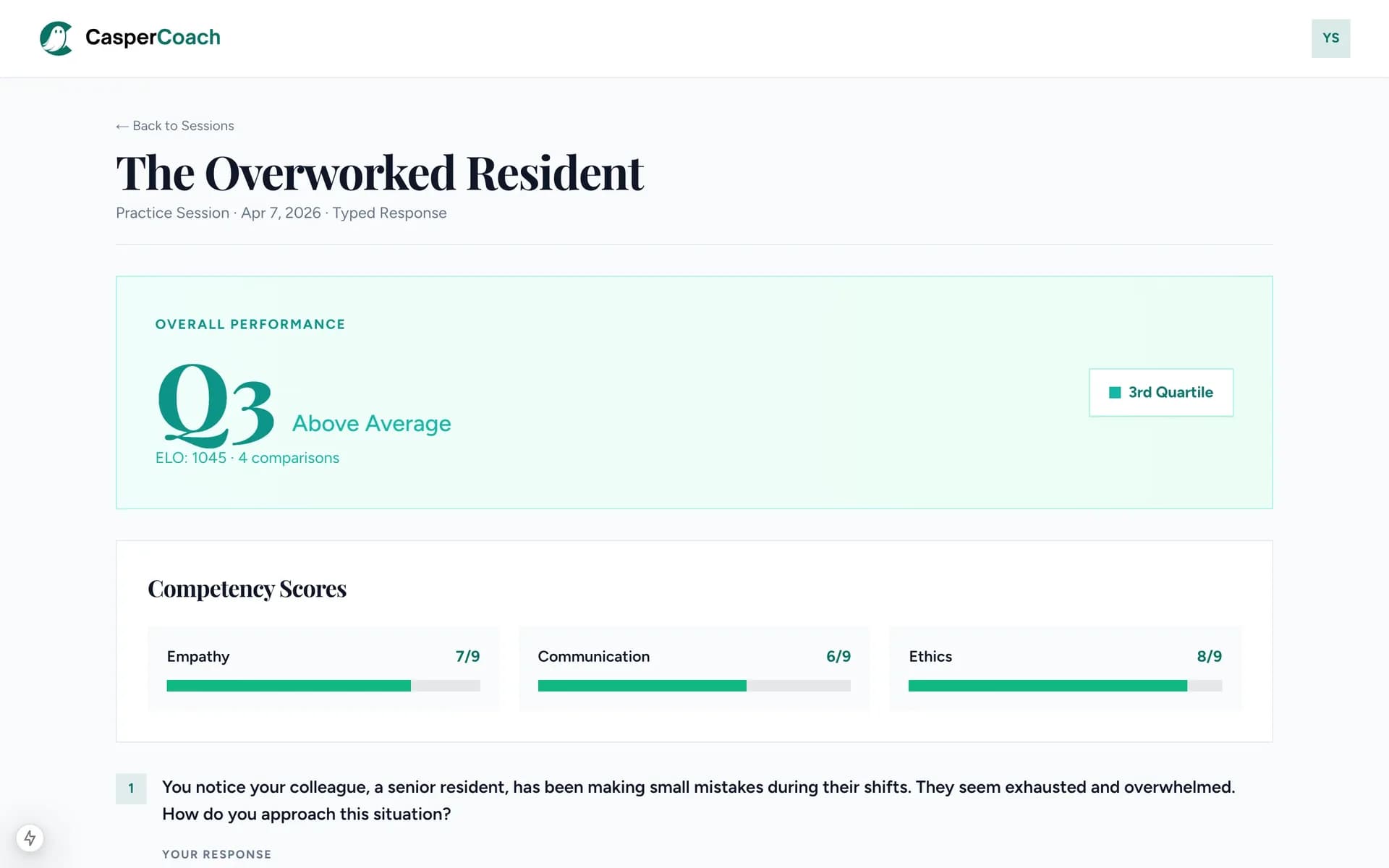 CasperCoach feedback showing Q3 quartile, competency scores, and model answer