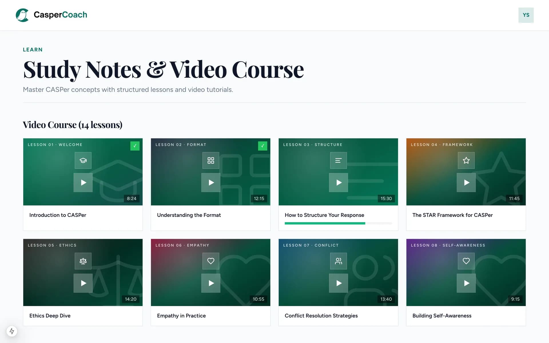 CasperCoach learning course with 14 video lessons covering CASPer strategy