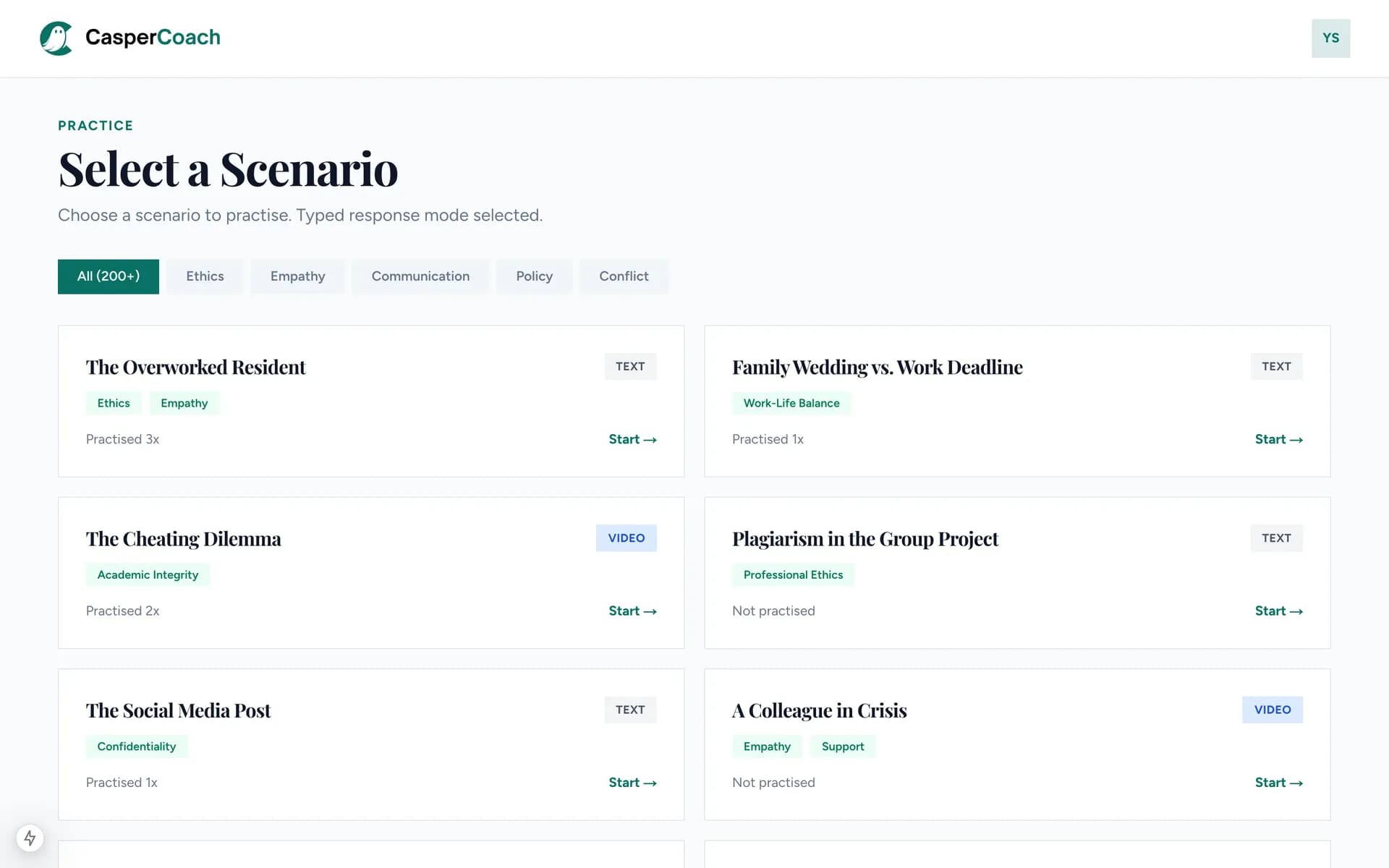 CasperCoach scenario list page with 200+ written scenarios filtered by topic